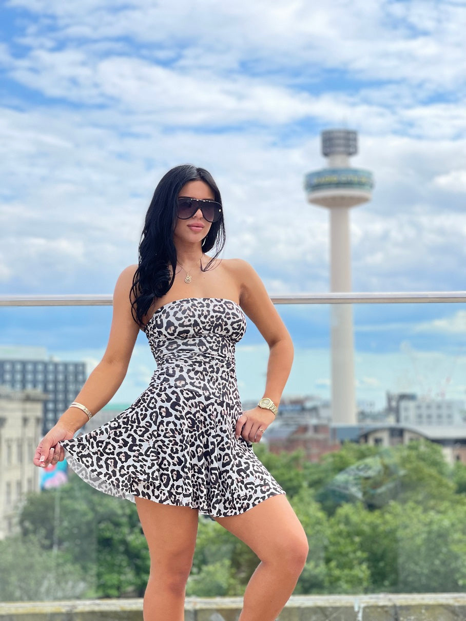 Leopard Print Bandeau Frill Mini Dress - Elina