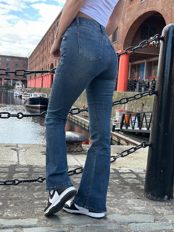 Denim Blue High Waist Flare Jeans - Zelda