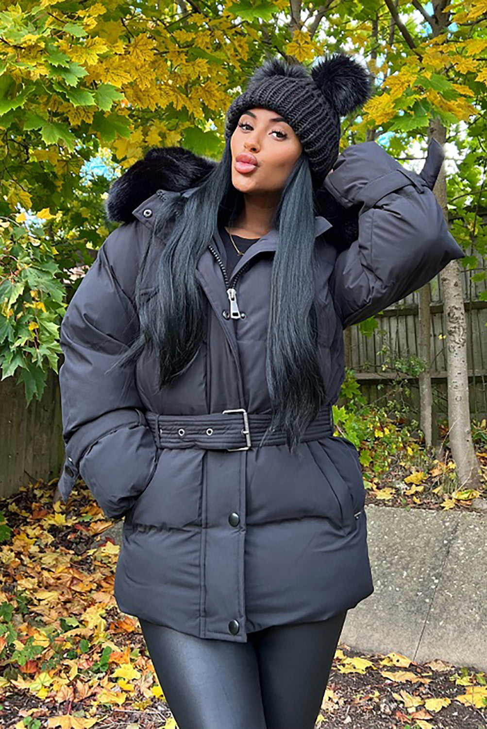 Black Side Flap Faux Fur Hood Puffer Coat - Rosa - Storm Desire