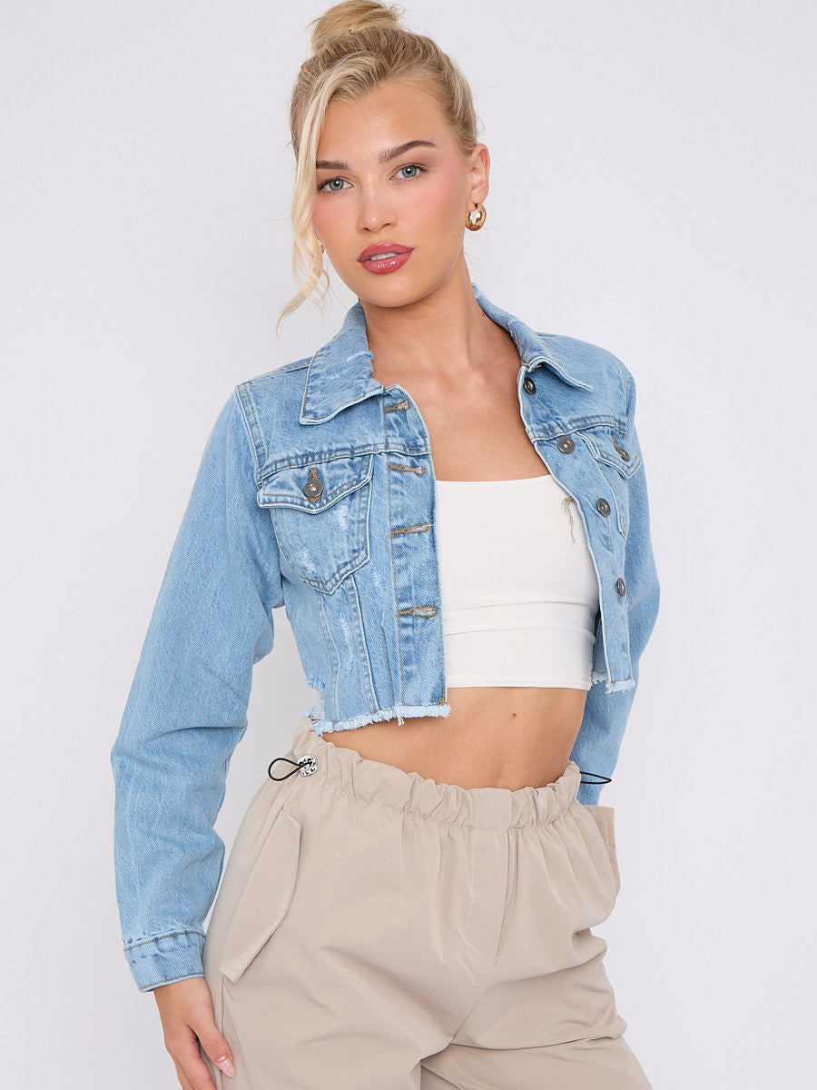 Distressed Cropped Denim Jacket - Solana