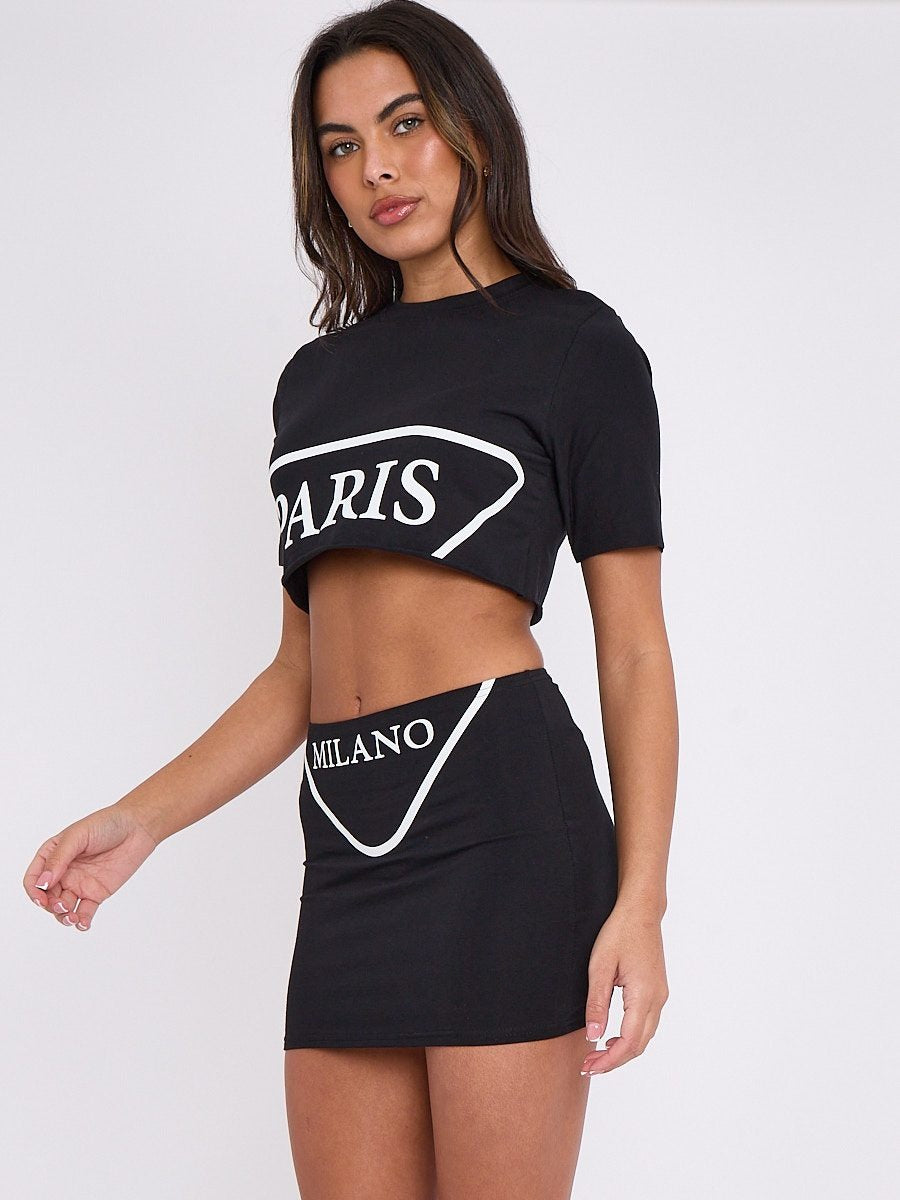 Black Paris Milano Print Crop Top & Skirt Co-ord - Stella - Storm Desire