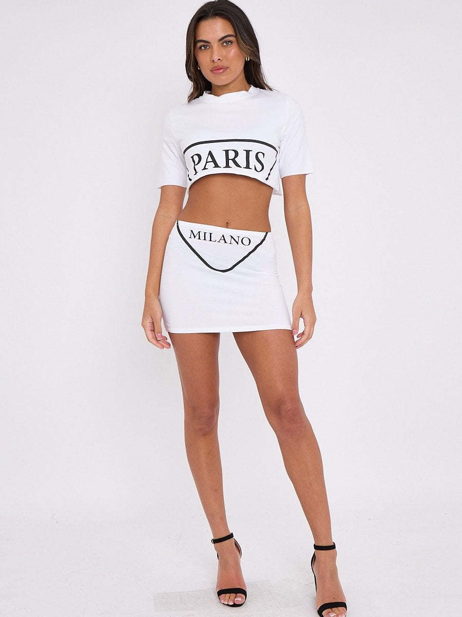 White Paris Milano Print Crop Top & Skirt Co-ord - Stella - Storm Desire