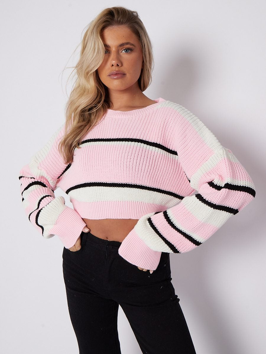Pink Stripe Oversized Knitted Crop Jumper - Marlowe - Storm Desire