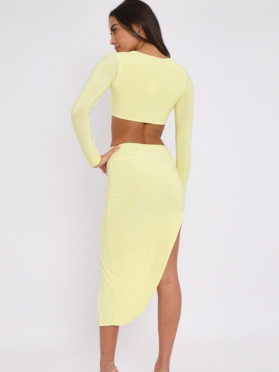 Yellow Slinky Buckle Detail Crop Top & Skirt Co-ord - Nova - Storm Desire