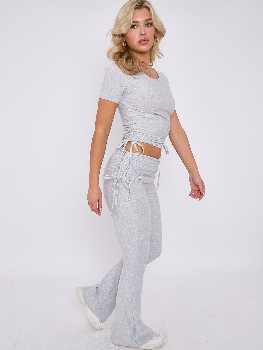 Grey Ruched Crop Top & Fold Over Flared Trouser Co-ord - Delilah - Storm Desire