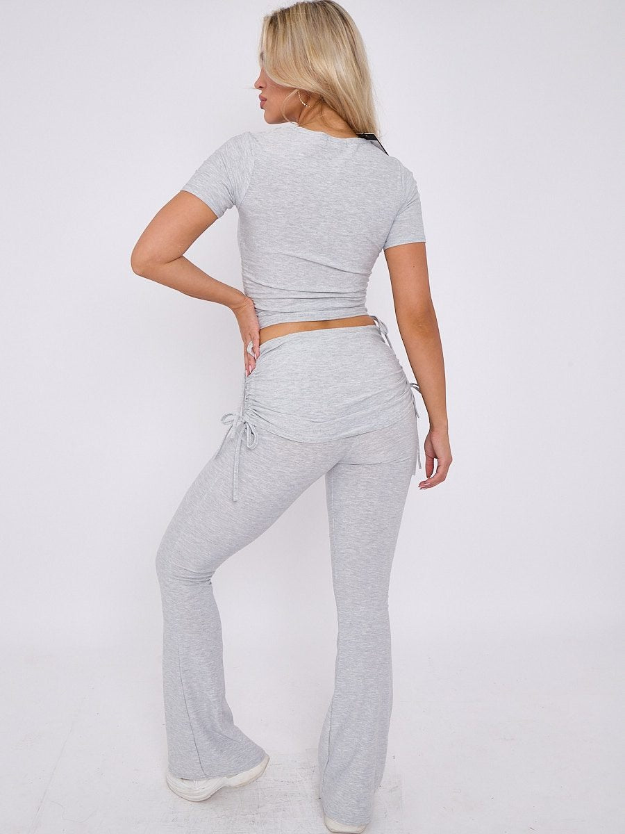 Grey Ruched Crop Top & Fold Over Flared Trouser Co-ord - Delilah - Storm Desire