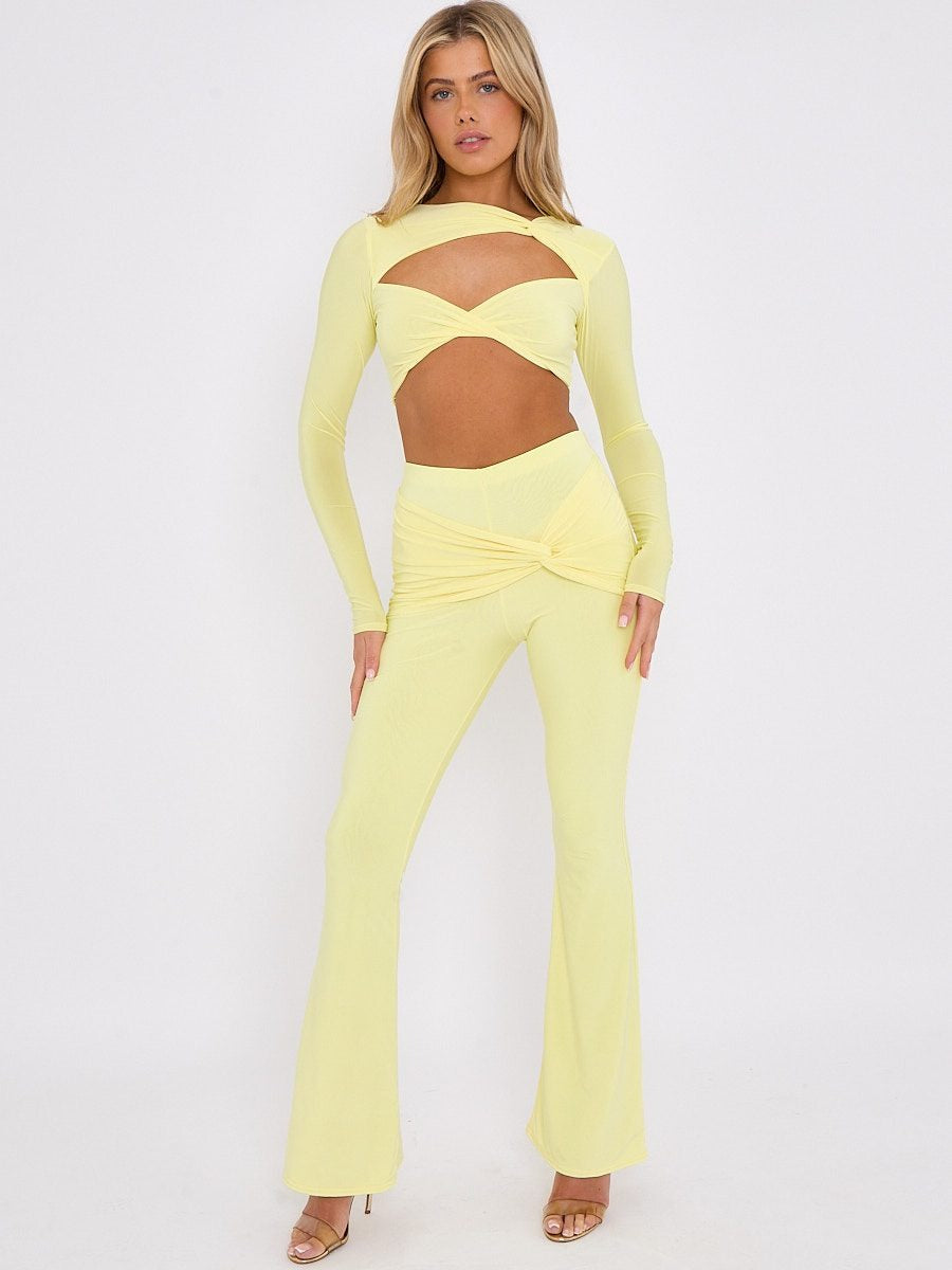 Yellow Cut Out Twist Front Crop Top & Flared Trouser Co-ord - Lora - Storm Desire