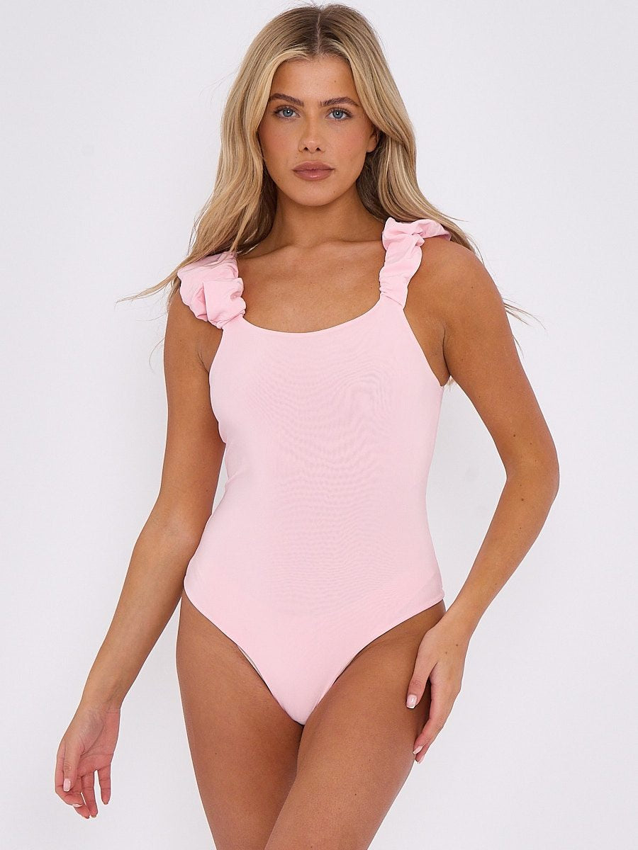 Baby Pink Ruched Shoulder Slinky Bodysuit - Gianna - Storm Desire