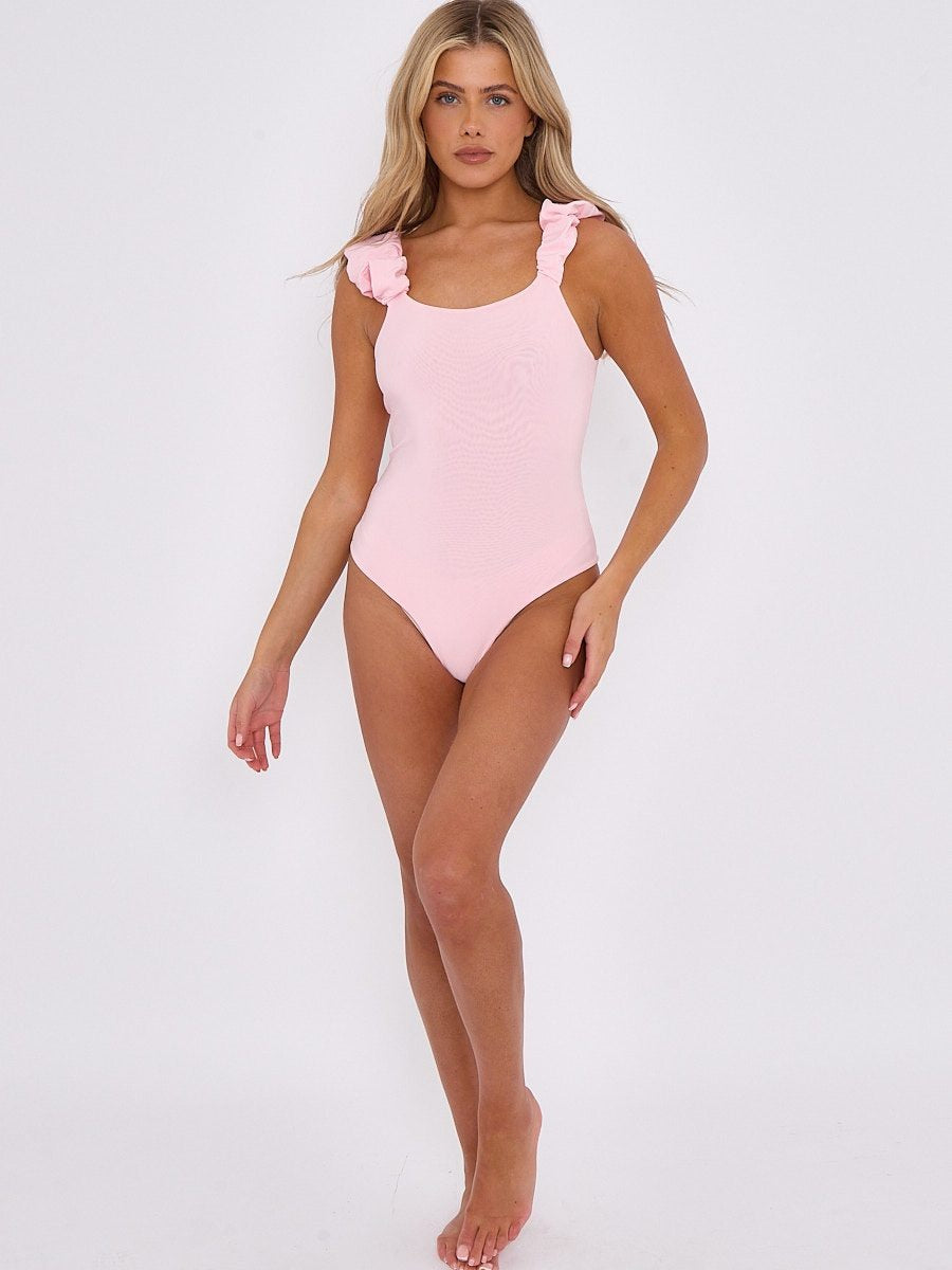 Baby Pink Ruched Shoulder Slinky Bodysuit - Gianna - Storm Desire