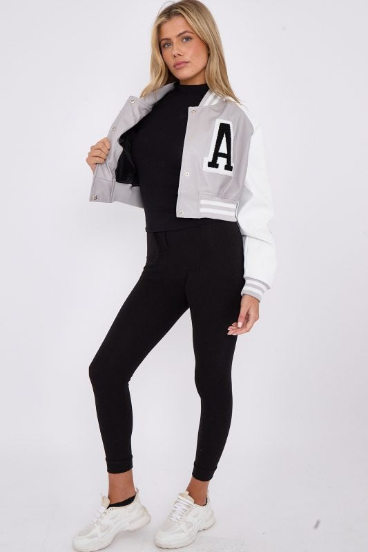 Faux Leather Crop Varsity Jacket - Sofia - Storm Desire