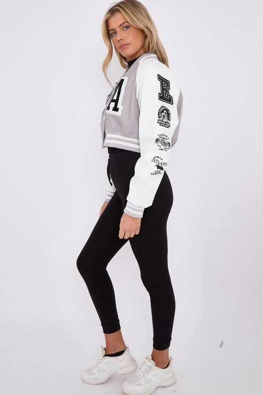 Faux Leather Crop Varsity Jacket - Sofia - Storm Desire