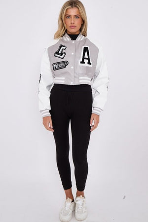 Faux Leather Crop Varsity Jacket - Sofia - Storm Desire
