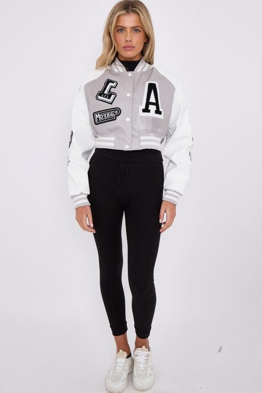 Faux Leather Crop Varsity Jacket - Sofia - Storm Desire