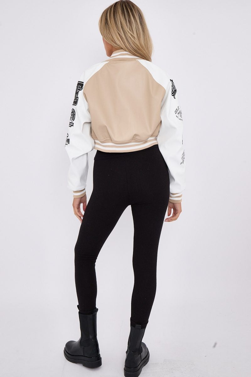 Faux Leather Crop Varsity Jacket - Sofia - Storm Desire
