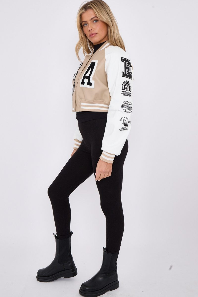 Faux Leather Crop Varsity Jacket - Sofia - Storm Desire