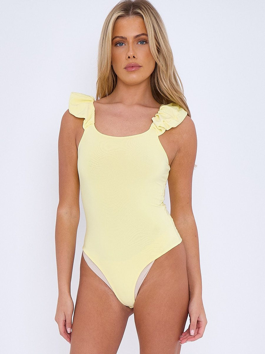 Yellow Ruched Shoulder Slinky Bodysuit - Gianna - Storm Desire