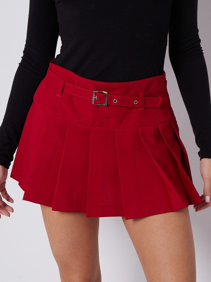 Red Pleated Mini Belted Tennis Skort - Shay - Storm Desire