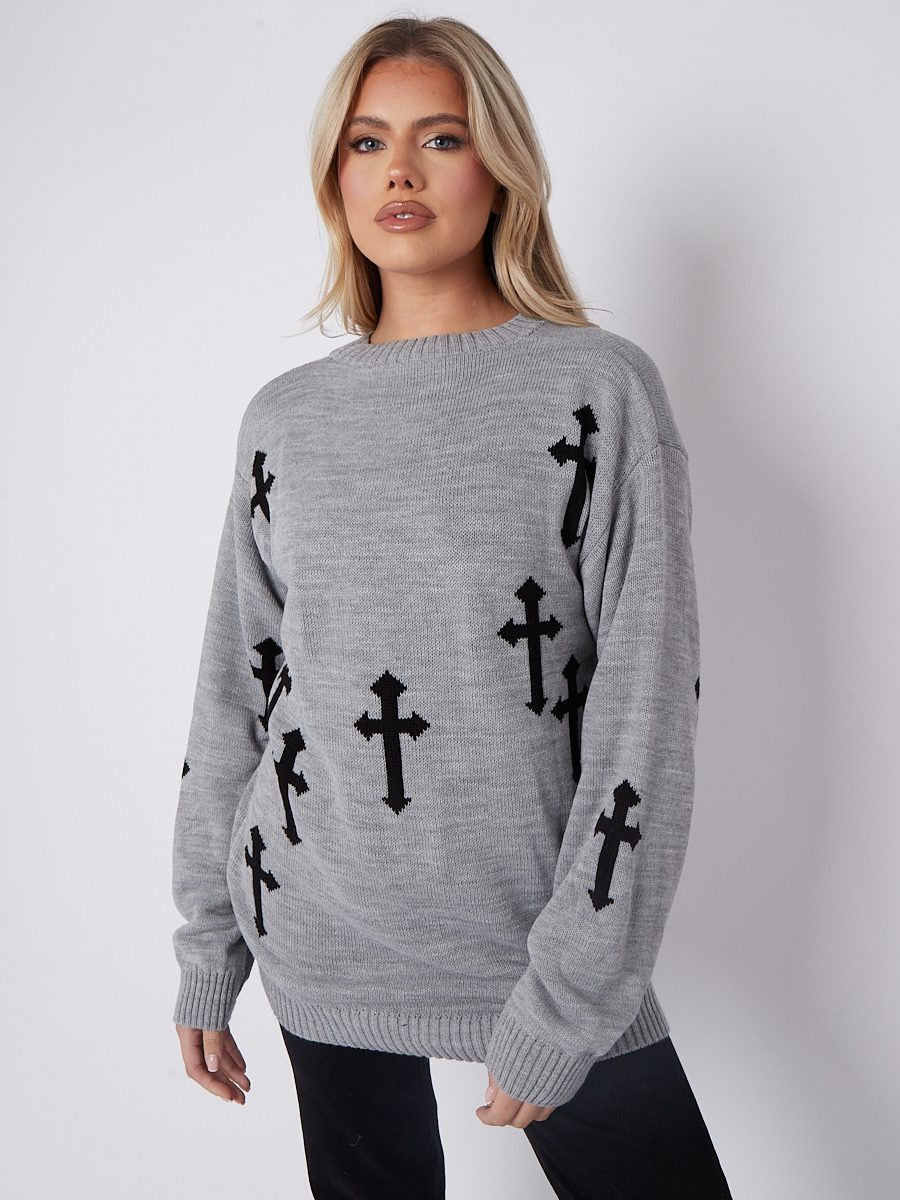 Grey Cross Oversized Knitted Jumper - Cynthia - Storm Desire