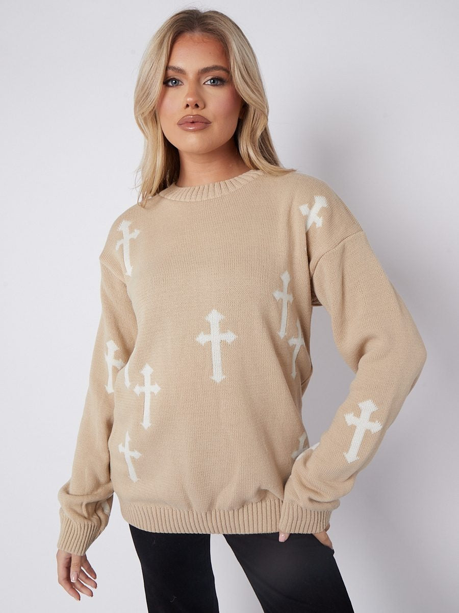 Beige Cross Oversized Knitted Jumper - Cynthia - Storm Desire