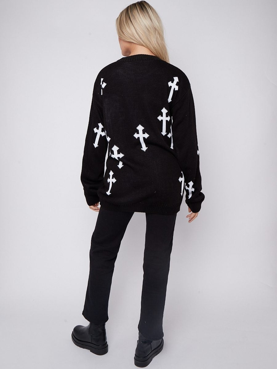 Black Cross Oversized Knitted Jumper - Cynthia - Storm Desire