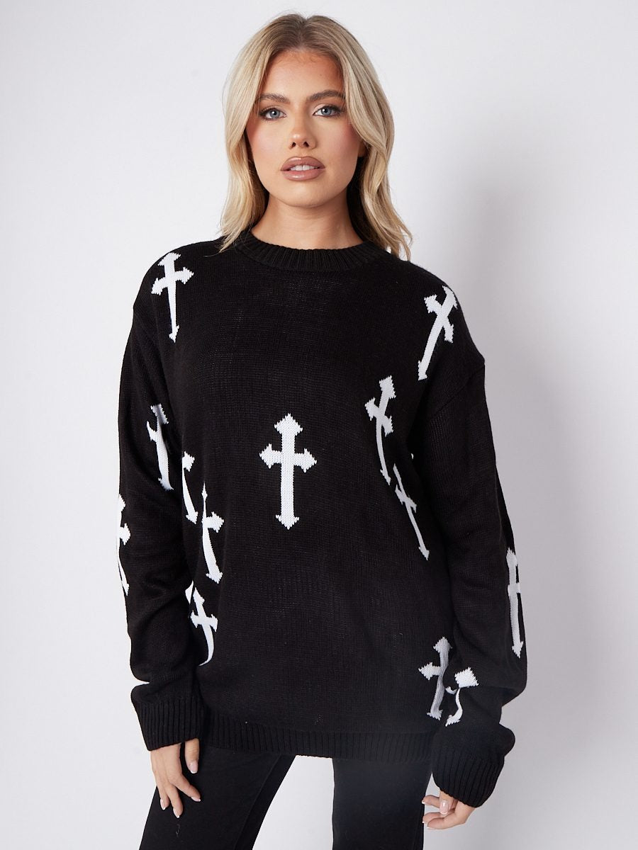 Black Cross Oversized Knitted Jumper - Cynthia - Storm Desire