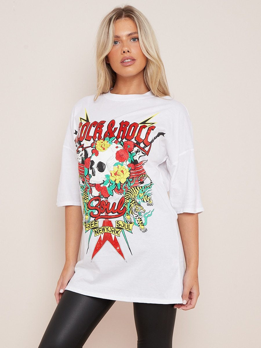 White Rock & Roll Graphic Oversized T-Shirt - Janiyah - Storm Desire