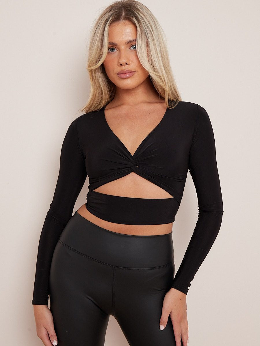 Black Long Sleeves Twist Knot Cut Out Crop Top - Riley - Storm Desire