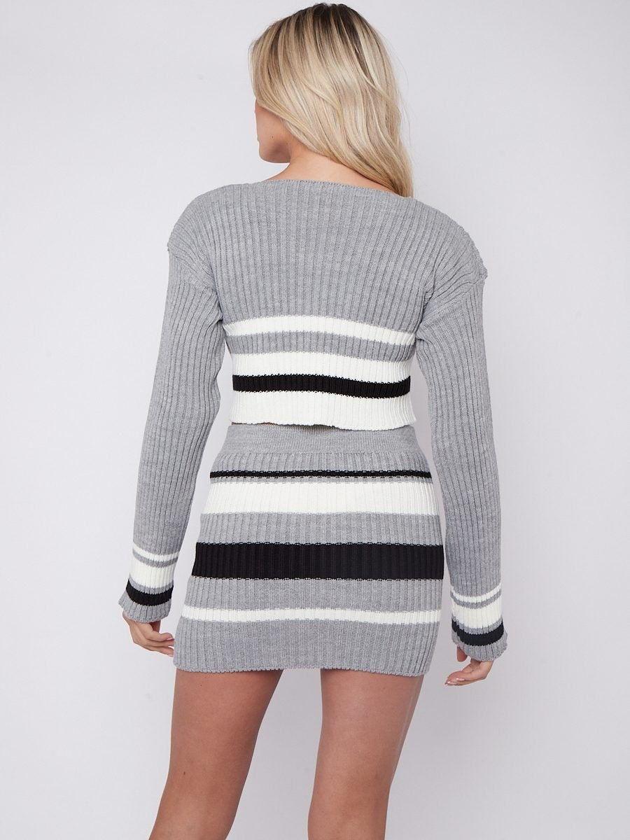 Grey Knitted Striped Crop Top & Mini Skirt Co-ord - Layne - Storm Desire