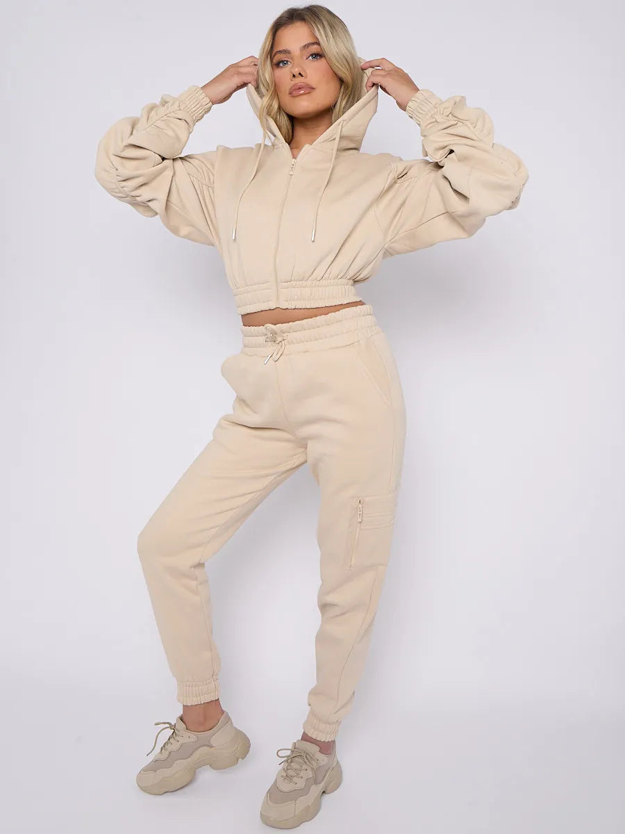 Beige Cropped Ruched Sleeve Hoodie & Jogger Co-ord - Dee - Storm Desire