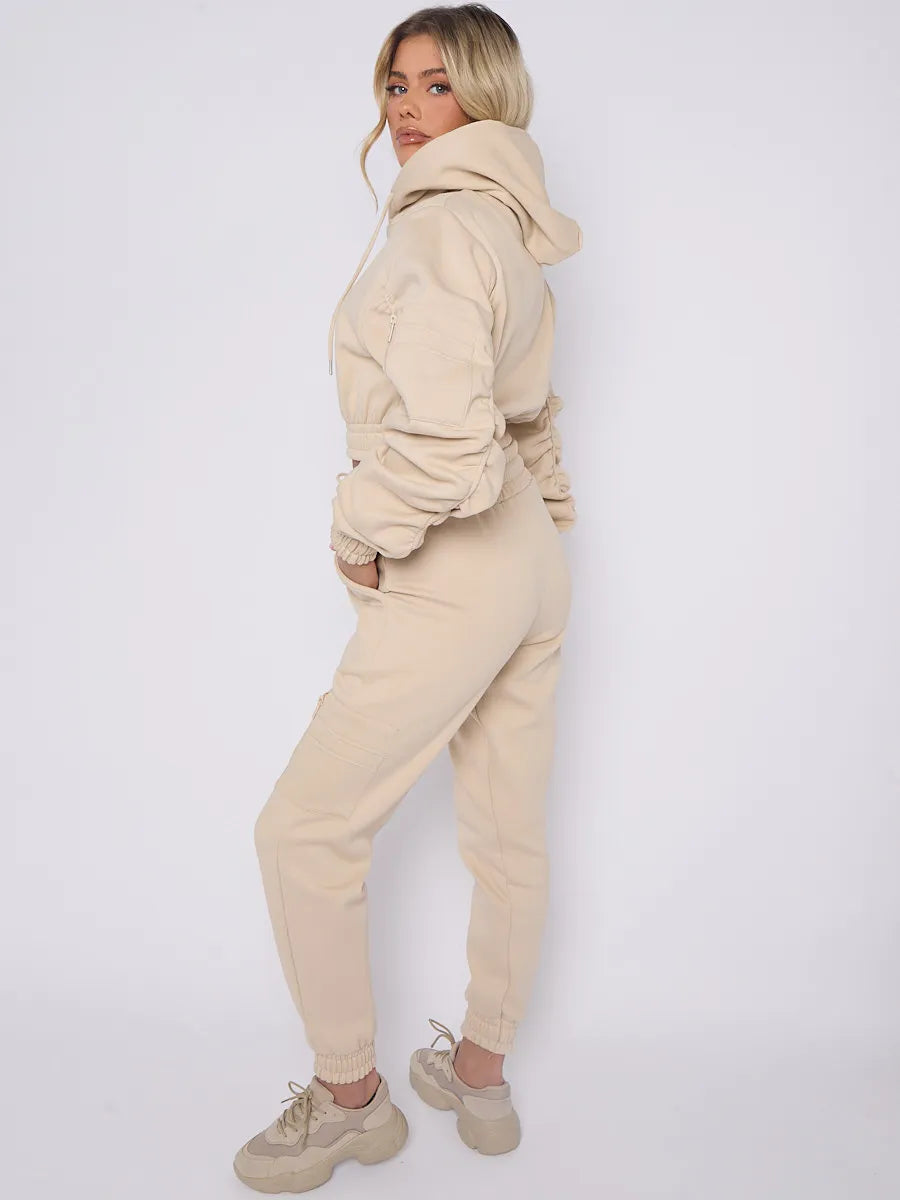 Beige Cropped Ruched Sleeve Hoodie & Jogger Co-ord - Dee - Storm Desire