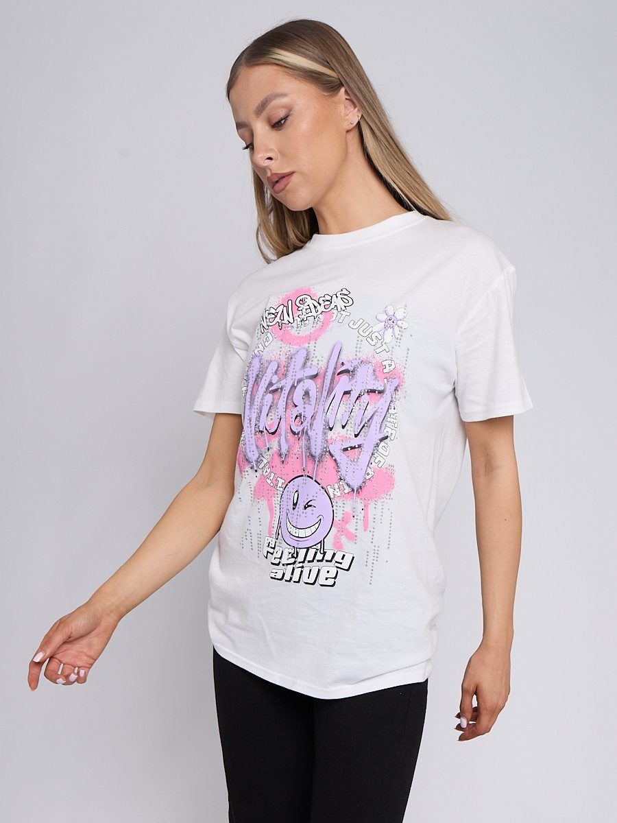White Graffiti Vitality Graphic T-Shirt - Ella - Storm Desire