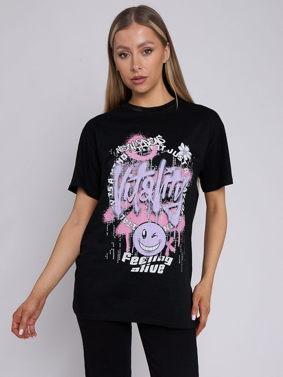Black Graffiti Vitality Graphic T-Shirt - Ella - Storm Desire