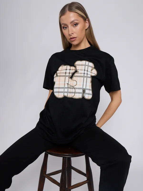 Black Check Teddy Graphic T-Shirt - Anna - Storm Desire