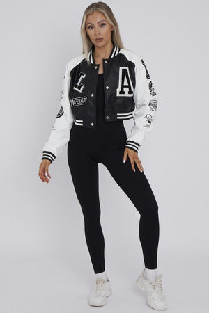 Faux Leather Crop Varsity Jacket - Sofia - Storm Desire