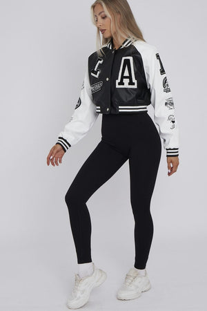 Faux Leather Crop Varsity Jacket - Sofia - Storm Desire