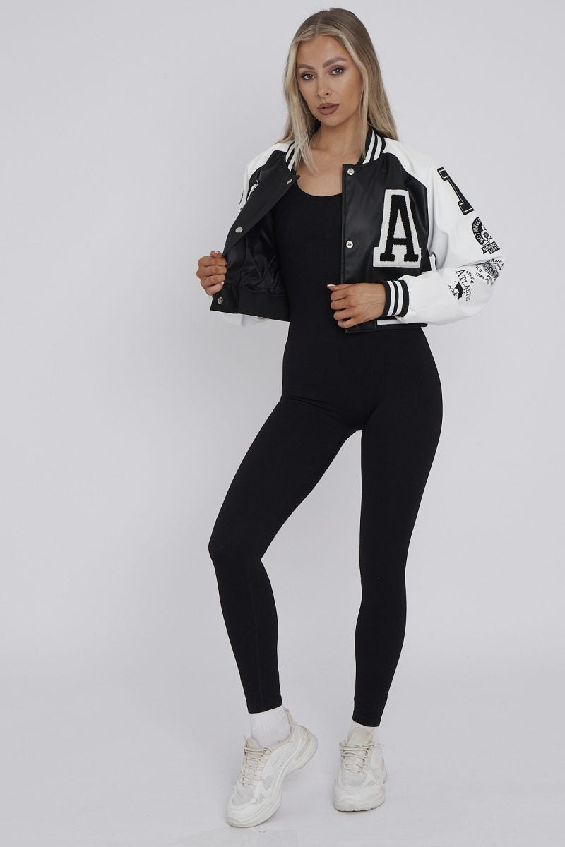Faux Leather Crop Varsity Jacket - Sofia - Storm Desire