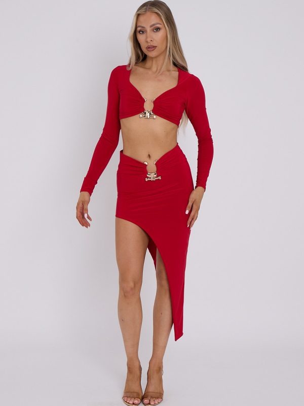Red Slinky Buckle Detail Crop Top & Skirt Co-ord - Nova - Storm Desire