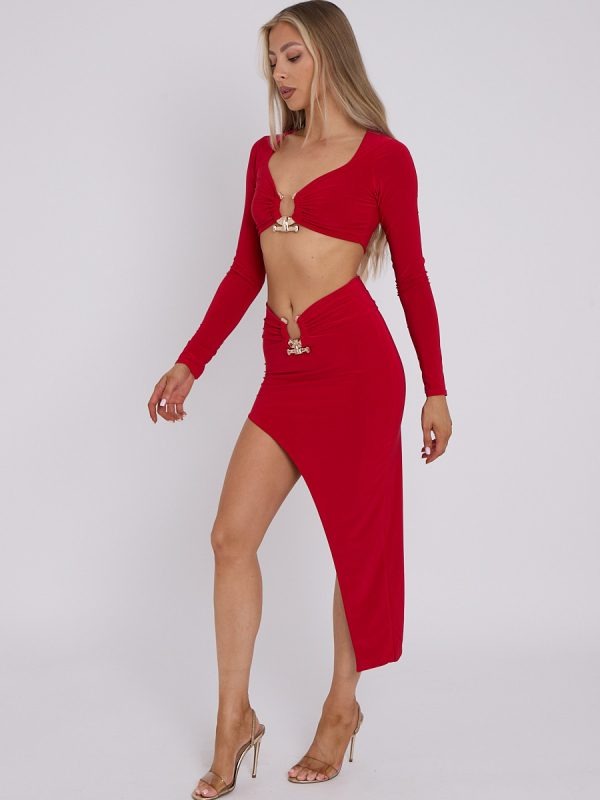 Red Slinky Buckle Detail Crop Top & Skirt Co-ord - Nova - Storm Desire