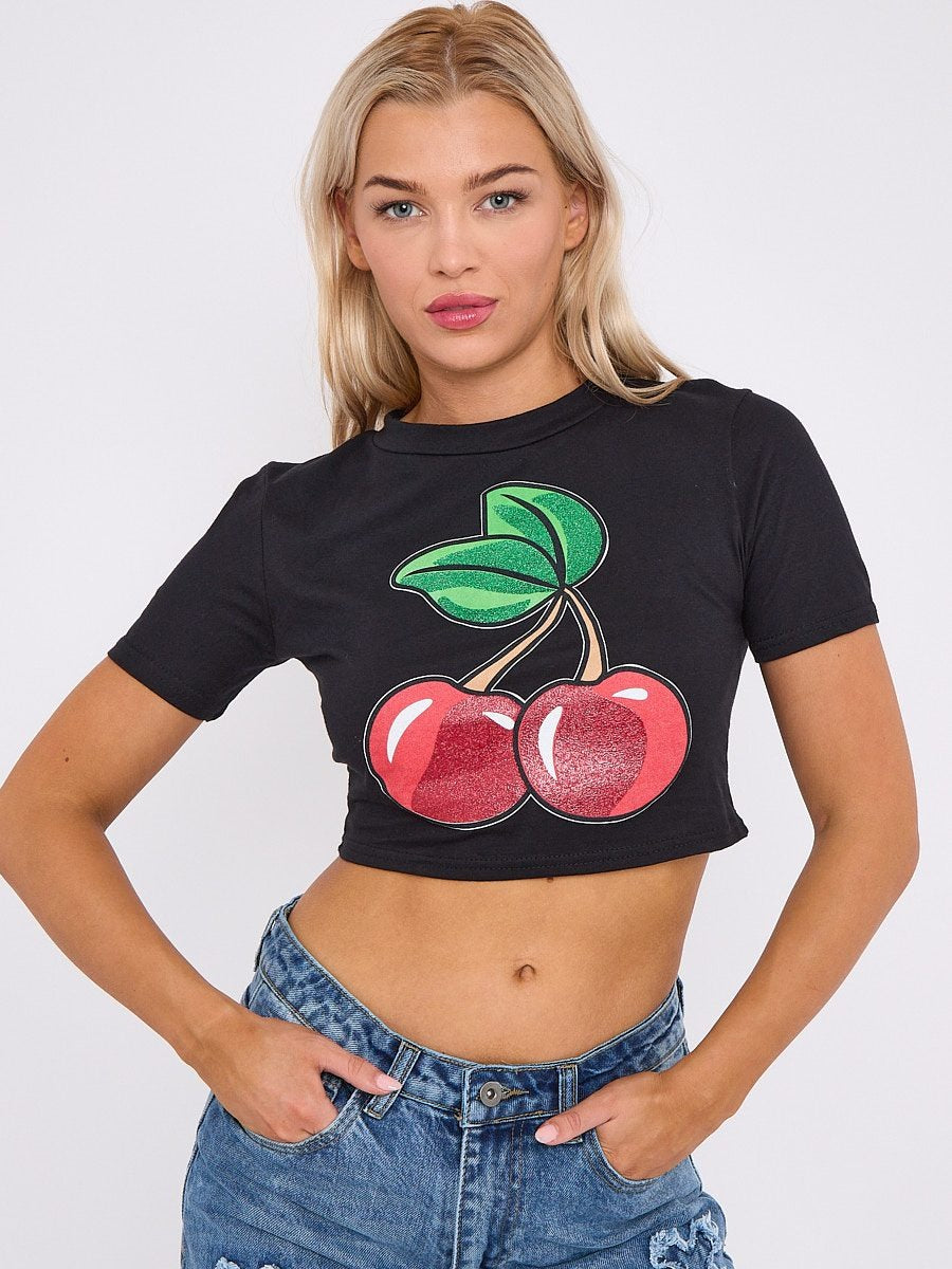 Glitter Cherry Printed Crop Top - Jasmine - Storm Desire