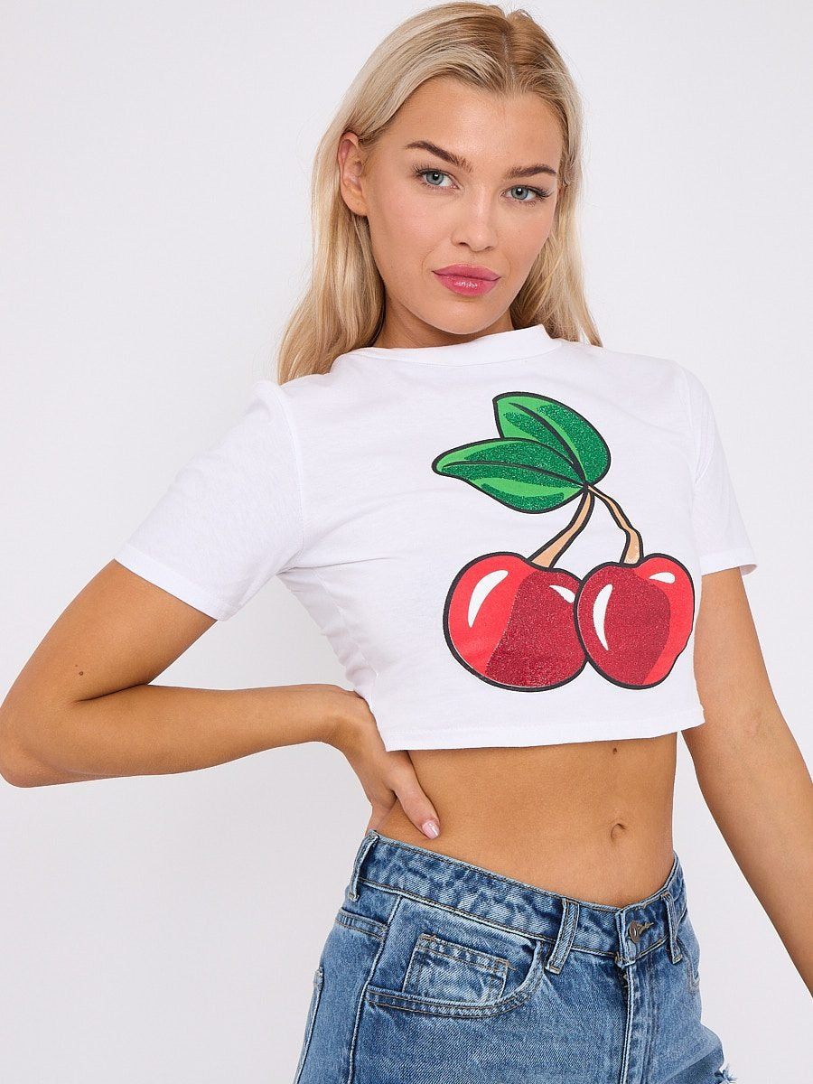 Glitter Cherry Printed Crop Top - Jasmine - Storm Desire