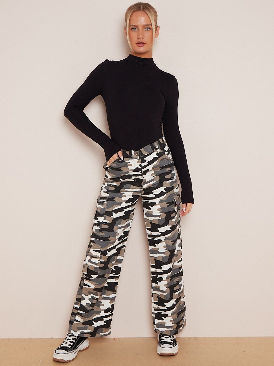 White Camouflage Wide Leg Denim Cargo Trousers - Marisol - Storm Desire