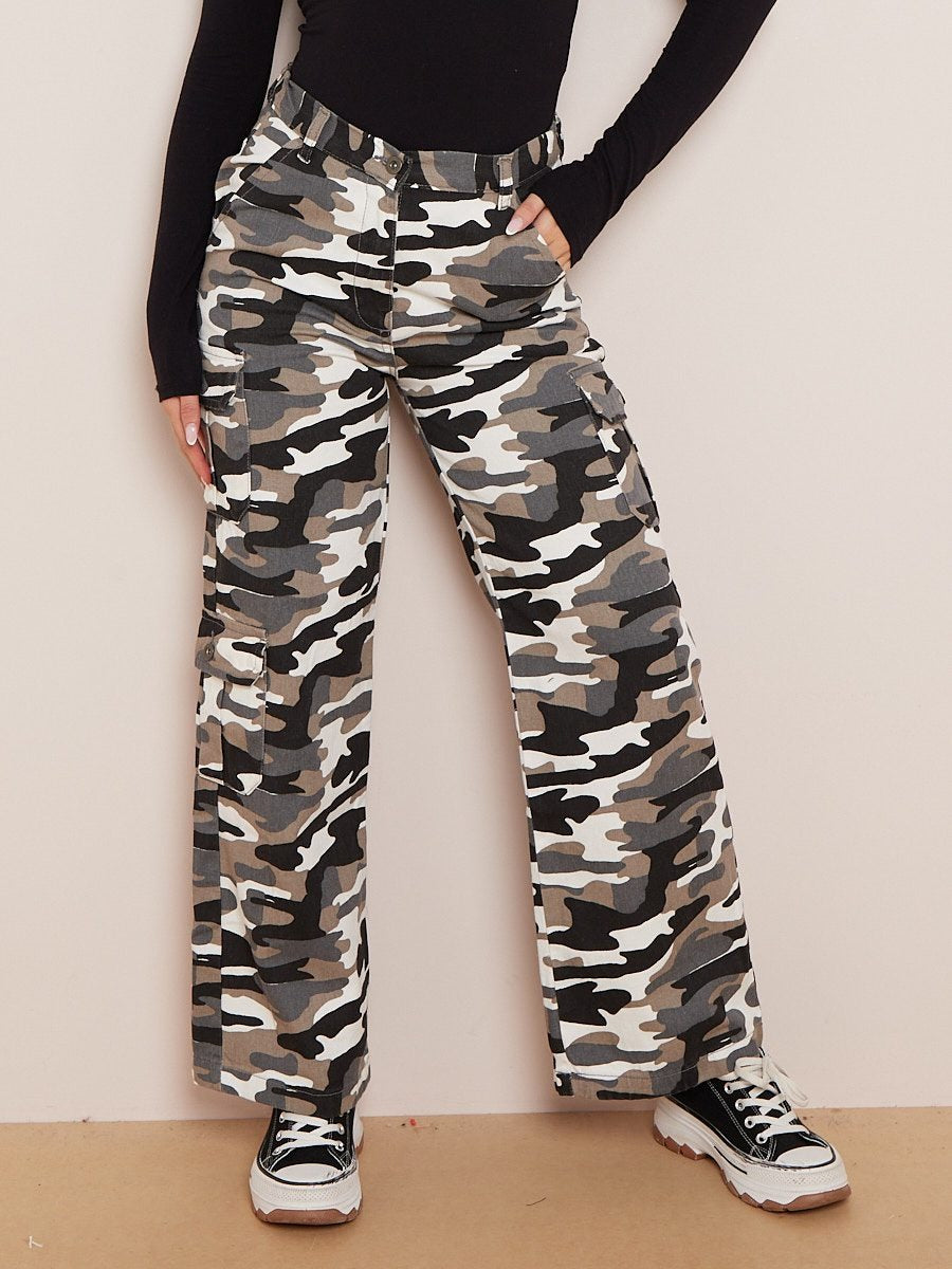 White Camouflage Wide Leg Denim Cargo Trousers - Marisol - Storm Desire