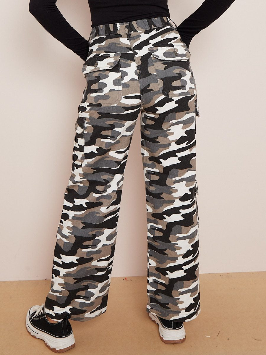 White Camouflage Wide Leg Denim Cargo Trousers - Marisol - Storm Desire