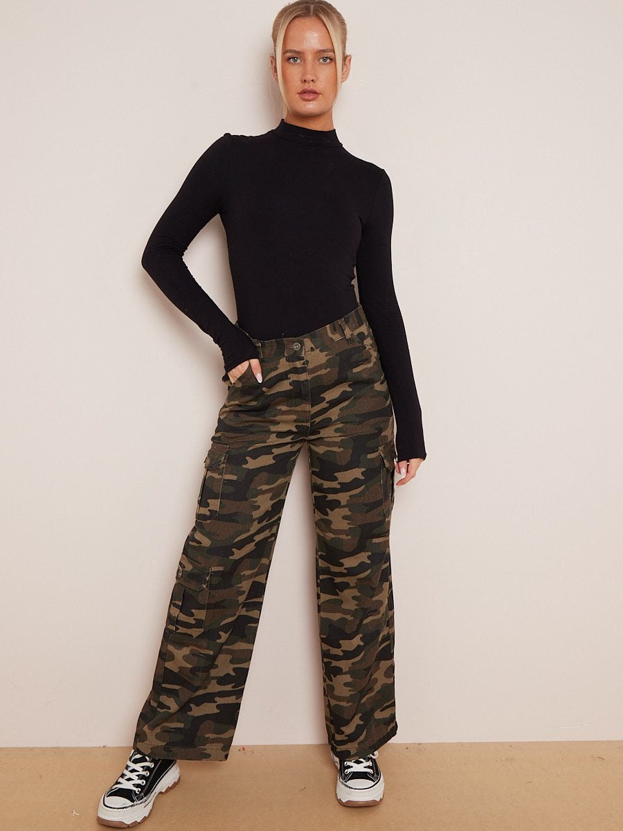 Khaki Green Camouflage Wide Leg Denim Cargo Trousers - Marisol - Storm Desire