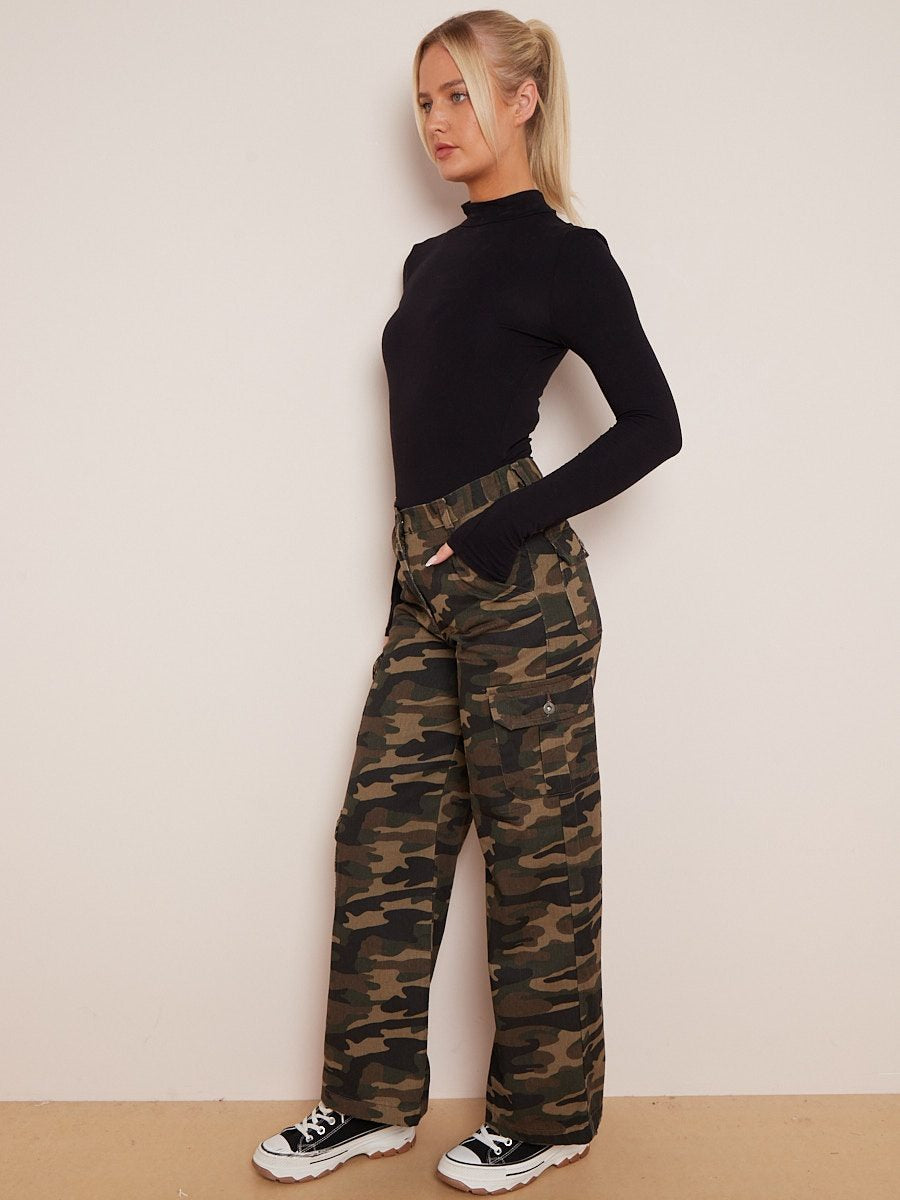 Khaki Green Camouflage Wide Leg Denim Cargo Trousers - Marisol - Storm Desire