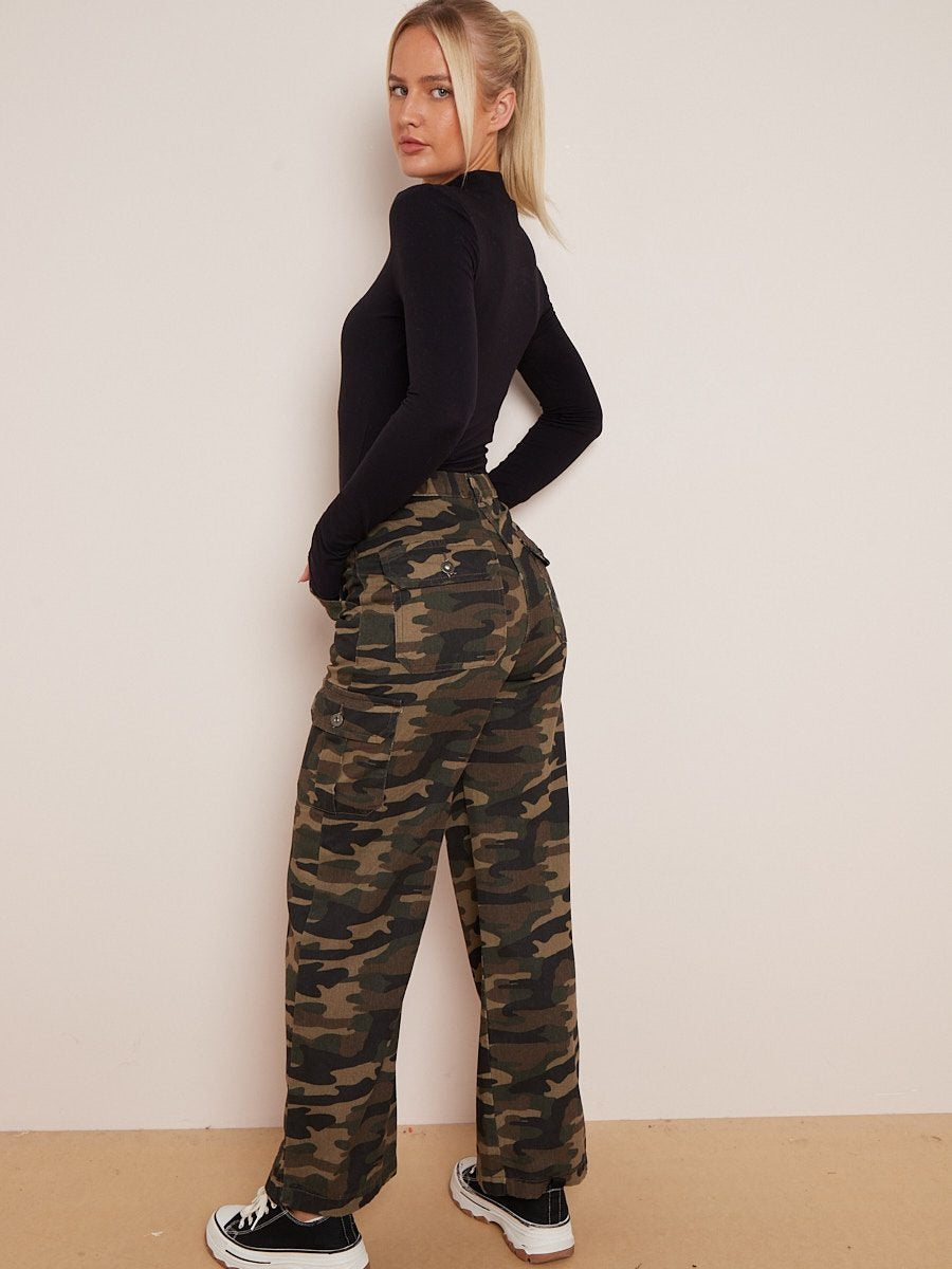 Khaki Green Camouflage Wide Leg Denim Cargo Trousers - Marisol - Storm Desire