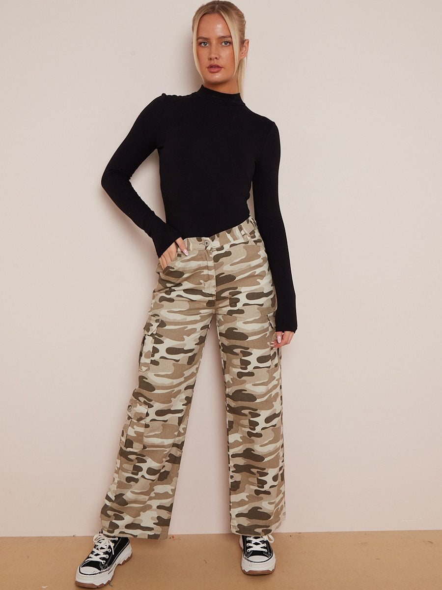 Beige Camouflage Wide Leg Denim Cargo Trousers - Marisol - Storm Desire