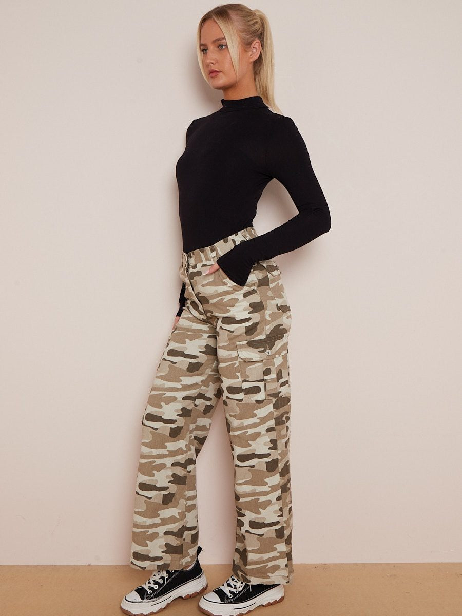 Beige Camouflage Wide Leg Denim Cargo Trousers - Marisol - Storm Desire