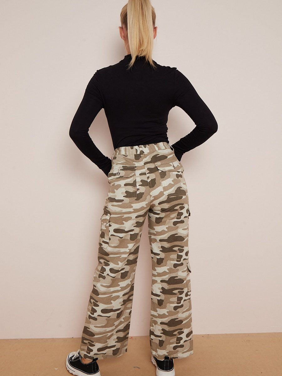 Beige Camouflage Wide Leg Denim Cargo Trousers - Marisol - Storm Desire