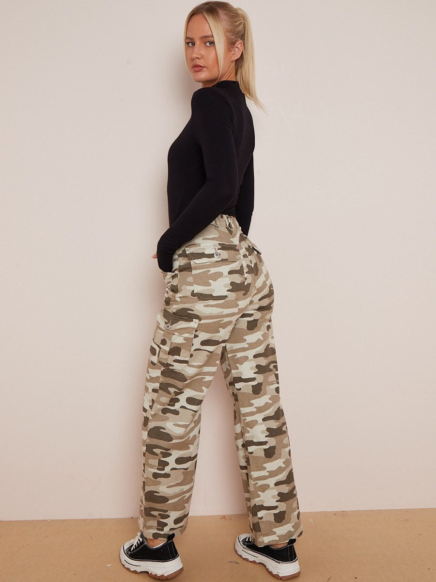 Beige Camouflage Wide Leg Denim Cargo Trousers - Marisol - Storm Desire